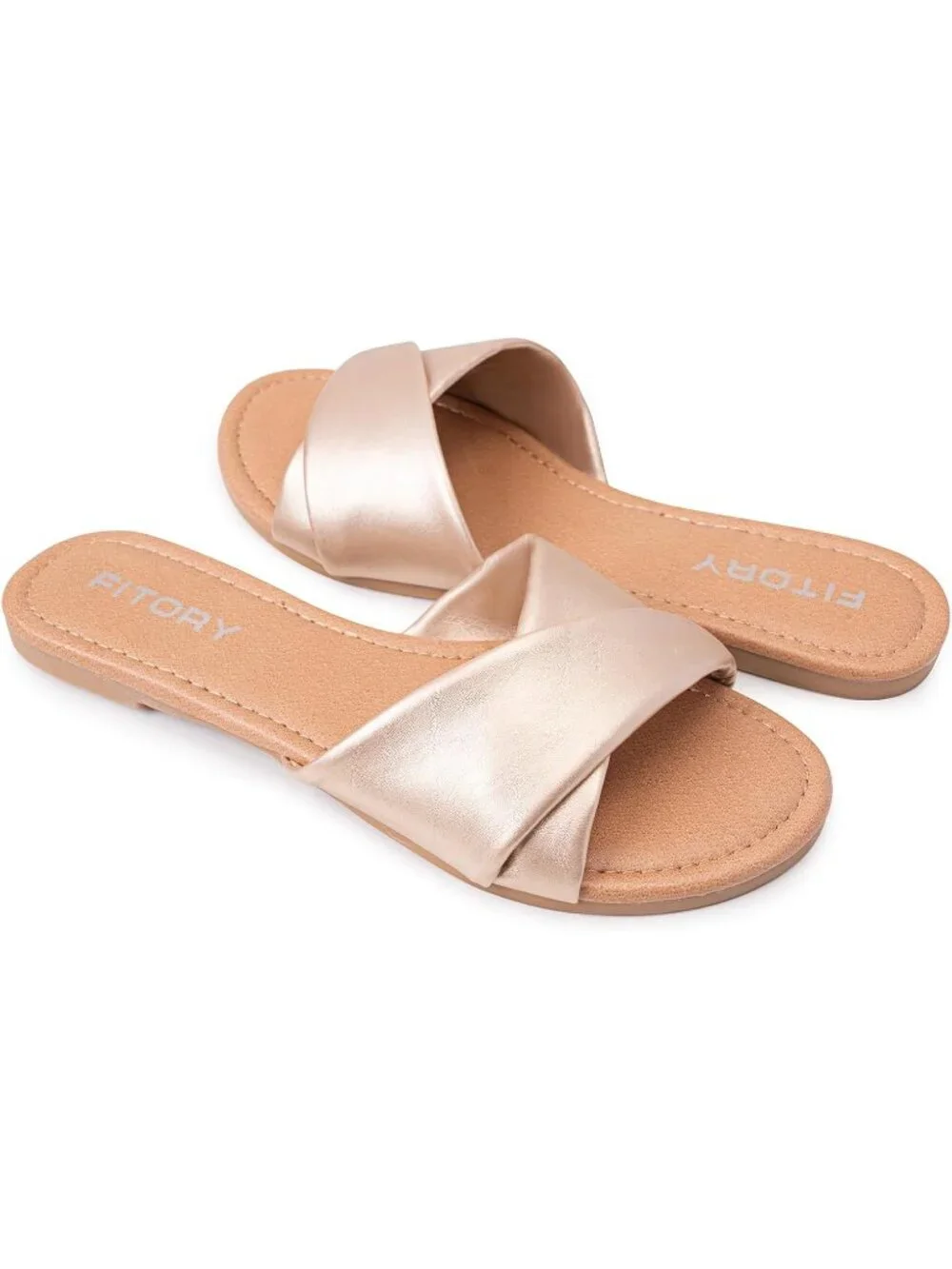 Women's Gold Flat Sandals Fashion Slides With Soft Leather Slippers Casual